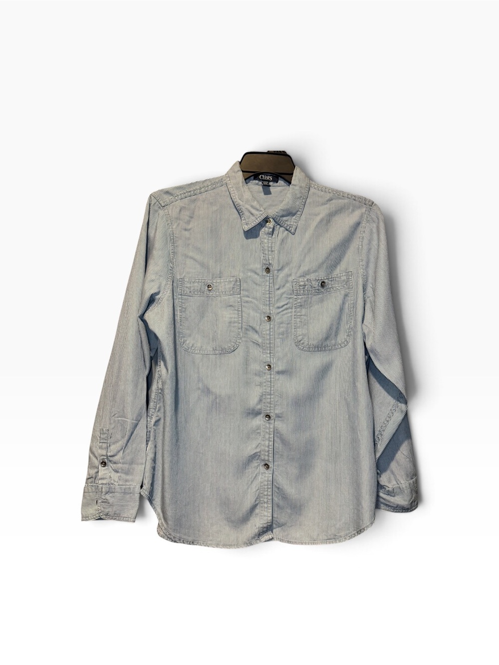 Chaps Women’s XL Blue White Pinstripe Button Down Shirt Long Sleeve Tunic